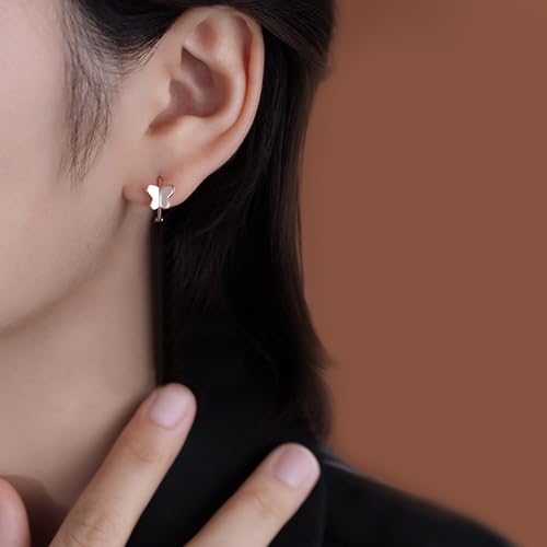 Reffeer Solid 925 Sterling Silver Butterfly Hoop Earrings for Women Cute Butterfly Hoop Earrings Huggie2