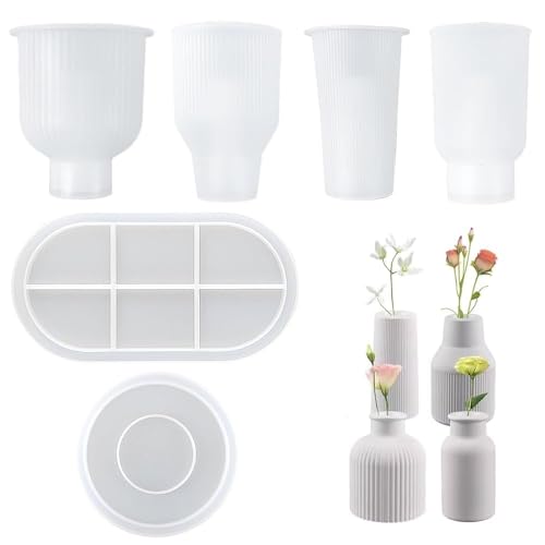 TXHKNX 6 Pièces Moule en Silicone Vase, Kit Résine Époxy Complet Débutant, 4 Moules à Vase + 1 Plateau + 1 Dessous, Moule DIY pour Résine...