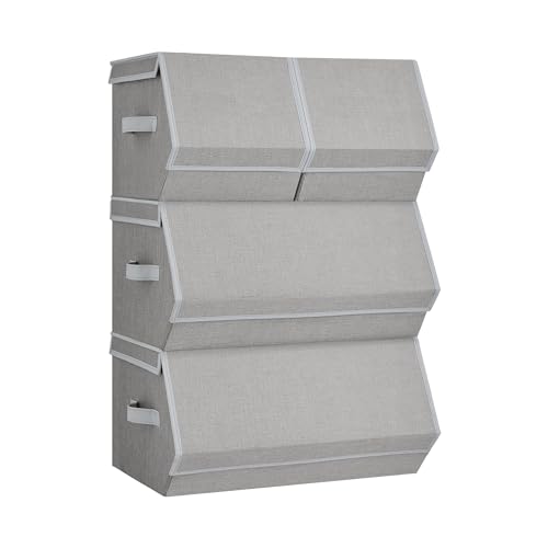 SONGMICS Set of 4 Storage Boxes with Lids, Stackable Wardrobe Storage Organisers, Storage Bins with Magnetic Closures, Fabric Storage Unit, Metal Frame, for Clothes Books, Dove Grey RLB022W01