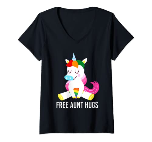 Mujer Free Aunt Hugs Unicorn Rainbow Flag LGBT Mes del Orgullo Gay Camiseta Cuello V