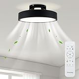 Klmeiday Ceiling Fans with Lights and Remote, Flush Mount Modern Bladeless Ceiling Fan with Light, 6 Speeds, Stepless dimming and CCT 3000K-6000K LED Lights for Bedroom, Study Room (Black, 20.1″)