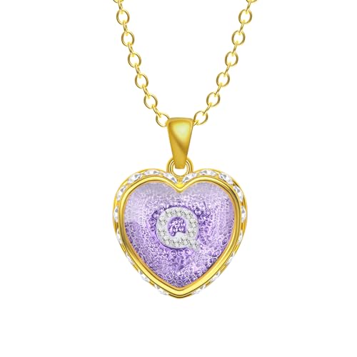 Ahiller Heart Initial Necklace,Crystal Diamond Letter Pendant,19"-21" Adjustable Necklaces for Women Trendy Name Jewelry Purple Gold Q