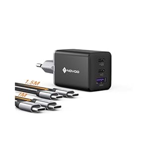 NOVOO Cargador USB C de 67W con 2 Cables PD 100W Tipo C, Cargador de Pared Compacto y rápido de 3 Puertos GAN III, para MacBook Pro de 14 Pulgadas, DELL XPS 13, iPad Pro, iPhone 15, Galaxy S24 Ultra