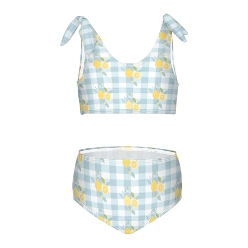 Lemon Light Blue and White Plaid Girls 2-Piece Tankini Swimsuit, Girls Bikini Swimsuits Summer Beach Bathing Suit Set, 5-6T
