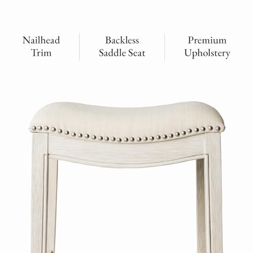Image of Maven Lane Adrien Backless Counter Stool - Set of 4 - 26 Inches - Saddle Stool with Footrest - Cream Solid Wood Frame & Cream Fabric Upholstery - Perfect for Kitchen Islands & Counters