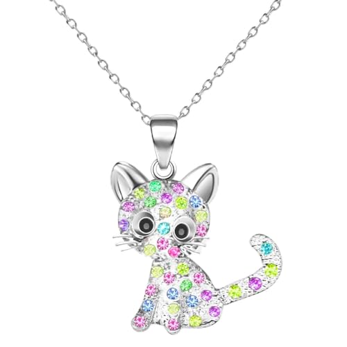 CANIPHA Cat Pendant Necklace for Girls Kids,Small Cute Kitty Rainbow Rhinestone Pendant Necklace Jewelry for Women Teen Girls 10-12,Crystal Choker Friendship Daughter Loved Gifts 18+2 inch Long Chain