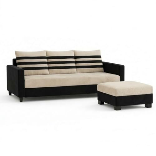 Image of Cavina 4 Seater L Shape Sofa Set with Movable Ottoman | Flexible Left or Right Layout | Luxury Velvet Suede Fabric | Modern Living Room Sofa | Black - Cream