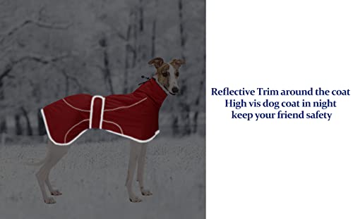 MOREZI Windhund-Wintermantel, Whippet-Mantel mit gepolstertem Fleece-Futter, Wasserabweisende Hundejacke mit verstellbaren Bändern und reflektierenden Elementen-Rot-M