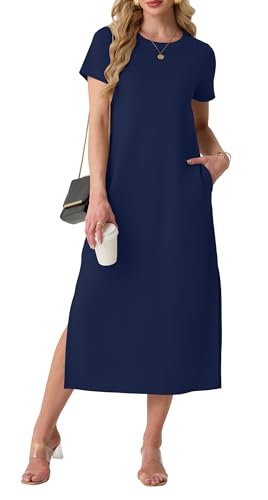 Lepunuo Womens Dresses Crewneck Short Sleeves Casual Split Wrinkle-Free Maxi Vacation Dress with Pockets A- Navy Blue