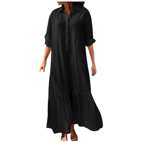 Sommerkleider Damen Leicht Und Luftig, Leinen Kleider Damen Sommer, Blusenkleid Lang Mit Knöpfen Strandkleid Mode Casual Maxikleid Locker Kleid...