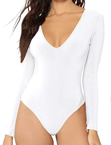 Lancifolium Womens Long Sleeve V Neck Bodysuit Tops Plain Basic Body Suit Leotard (M, White)