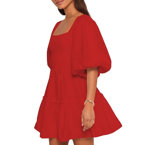 Women Puff Half Sleeve Square Neck Mini Dresses Elastic Waist Elegant Summer Casual Ruffles Dress4