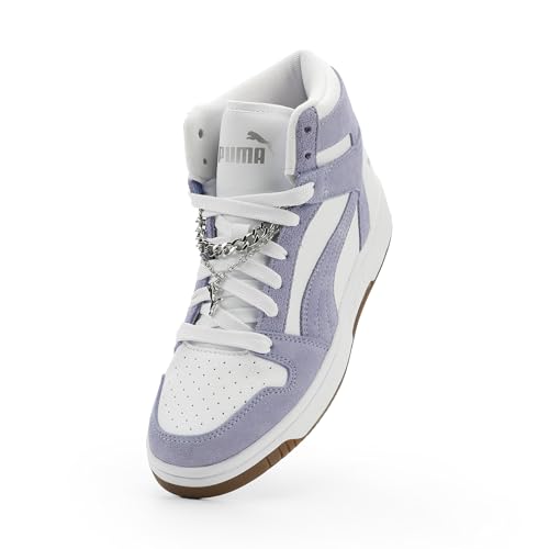PUMA PUMA Women's Rebound Layup Mid Shoes, White-Intense Lavender- Silver SS26, 7.5 Puma Rebound Layup Spring Bling WNS