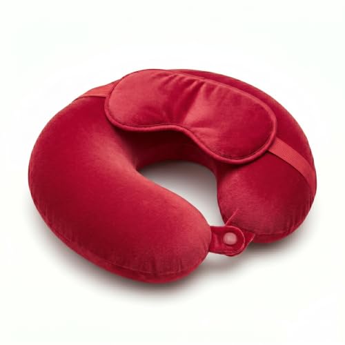 Image of Travel Neck Pillow for Adults, Fiber Filled U-Shaped Neck Support Pillow with Button Closure, Soft Plush Neck Cushion for Airplane, Car, Office & Travel (red)