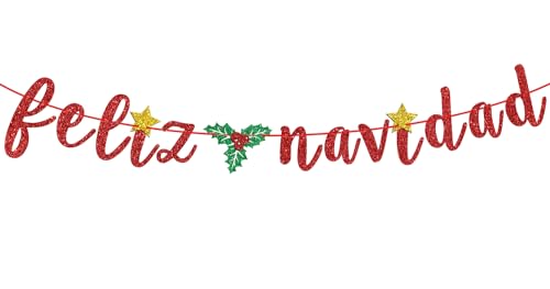 Red Glitter Feliz Navidad Banner - Spanish Christmas Holiday Bunting Garlands- Festive Party Decor/Winter Mantle Home Decor/Xmas Party Decoration Supplies