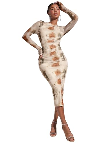 Image of GORGLITTER Women's Mesh Long Sleeve Bodycon Midi Dress Fall Cocktail Birthday Dinner Wedding Guest Going Out Dresses