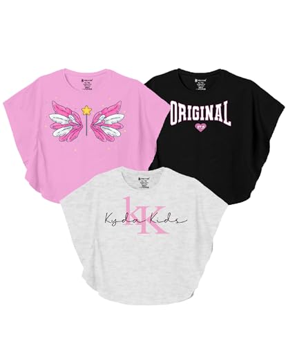 Image of KYDA KIDS 100% Cotton Bio-Washed Premium Printed T-Shirts for Girls - Butterfly Pattern Regular Fit Tops (Pack of 3)