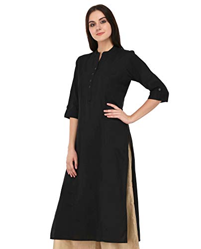 Image of Pistaa's Women's Cotton Relaxed Fit Straight Solid Kurta With Two Patch Pockets