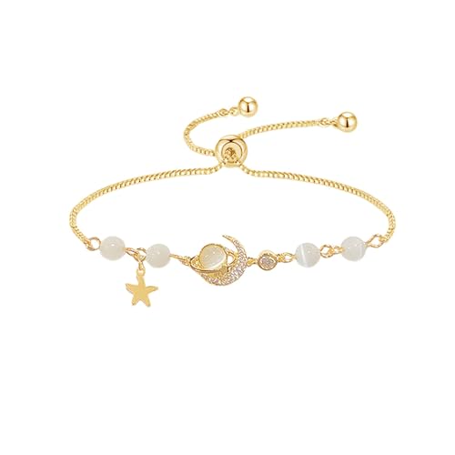 Dainty Planet Moon Star Link Bracelet 18k Gold-Tone Plated Adjustable Chain Sparkling Cubic Zirconia Chic Cat Eye Beaded Delicate Bracelets for Women Party Jewelry Best Gift Birthday Valentine's Day Xmas