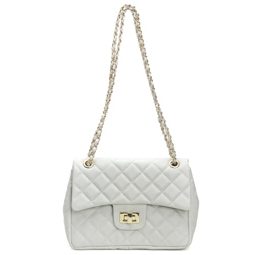 Bolsa Feminina Couro Legitimo Matelassê Média (Off White C/Dourado)