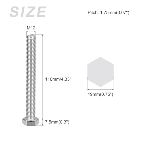 Image of METALLIXITY Hex Bolts (M12-1.75x110mm) 2Pcs, 304 Stainless Steel Coarse Fully Threaded Hex Head Screw Bolt Machine Screws - for Furniture Repair, Silver