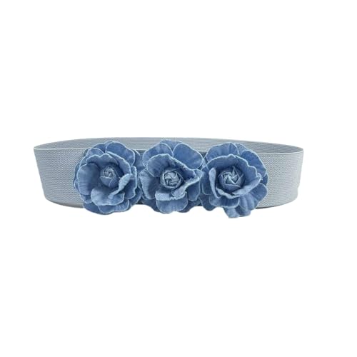 Women's Vintage Denim Color 2In Wide Waist Cinch Belt For Dresses -Elastic Stretchy Flower Waistbands