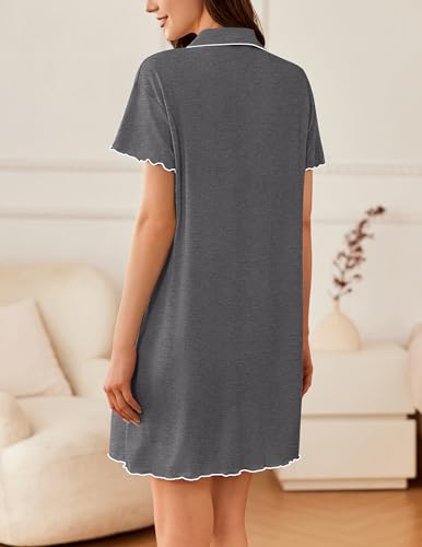 Image of Ekouaer Nightgowns for Women Button Down Sleep Shirt Short Sleeve NightShirts Boyfriend Sleepdress Soft Pajama Dress