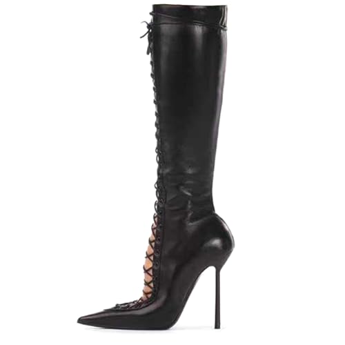 10cm Large Size Pointed Hollow Cross-strap High Heels for Women Stiletto Knee-high Boots for Nightclub Party