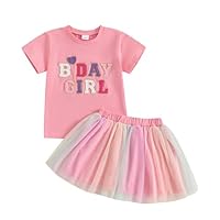 Baby Mädchen Geburtstag Outfit Kurzarm Brief Stickerei T-Shirt Mit Regenbogen Tüll Rock Baby Mädchen Geburtstag Prinzessin Tüllrock Set Geburtstag Spitzen Tutu Rock Outfit (Rosa, 3-4 Years)