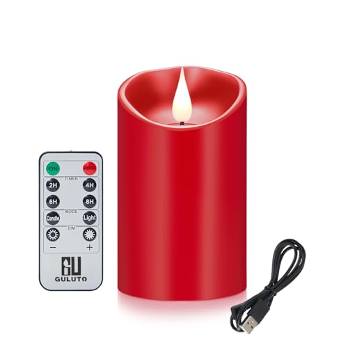 Image of Rechargeable Flameless Candles, Battery Operated Candles with Remote and Timers, Flickering LED Pillar Real Wax Red USB Candle 3D Wick for Home, Wedding, Halloween, Christmas 3 inch x 4 inch