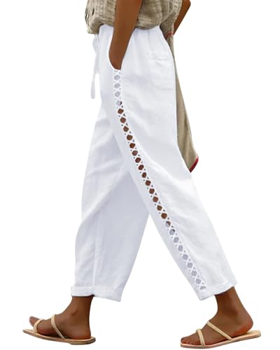 PIDOGYM Women's Linen Capri Pants, Lightweight Casual Summer Pants with Drawstring Elastic Waist White