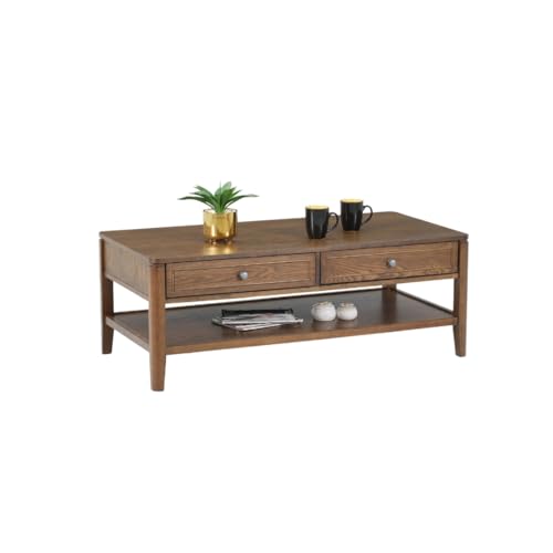 Image of Royaloak Dallas American Wooden Coffee Table | Rectangular Centre Table for Living Room with Ash Veneer Top, Pull-Out Drawers & Open Shelf | Tapered Legs, Modern Design & Durable Construction