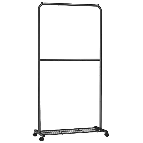 SONGMICS Clothes Rack with Wheels, Double-Rod Clothing Rack for Hanging Clothes, 25.4mm Metal Garment Rack with Dense Mesh Storage Shelf, 110 lb Load Capacity, 2 Brakes, Black UHSR027B01 Bla