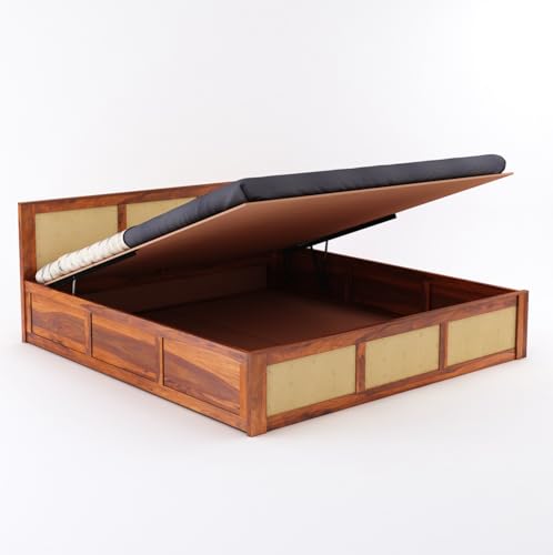 Image of Solid Sheesham Wood Queen Size Bed with Hydraulic Storage Wooden Double Bed Cot Palang Furniture for Bedroom Living Room Home Furniture (Honey Finish) | 1 Year Warranty