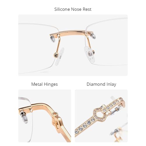Image of HEPIDEM Vintage Style Rectangular Rimless Metal Eyeglasses for Men,New Frameless Zircon Diamonds Optical Glasses Frame
