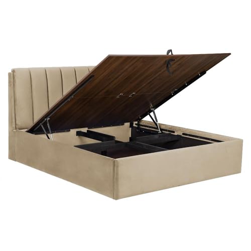 Image of Wakefit Bed | King (78 X 72) Solid Wood Bed, Upholstered, Hydraulic Storage, 3 Year Warranty - Antho - Velvet Tuscan Tan