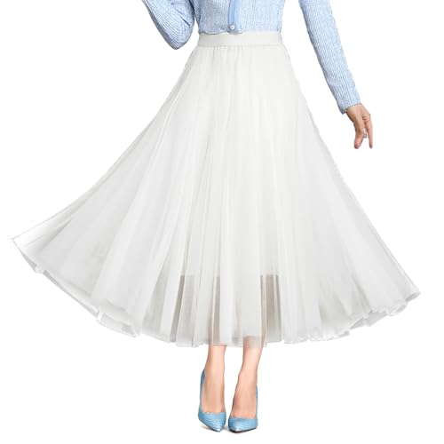Women's Tulle Skirts A-Line Layered Mesh Midi Skirt High-Waisted Flowy Layered Tutu Skirts Bridesmaid Wedding Skirt