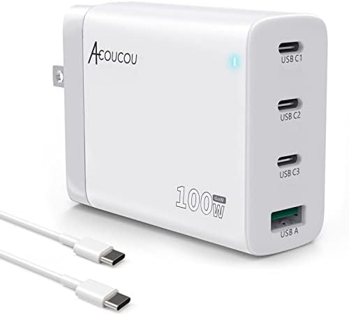 100W USB C Charger,GaN Charger III 4-Port USB iphone Wall Charger Fast Charging Block Compatible with MacBook Pro/Air USB-C Laptop iPhone 14/13 iPad Pro Galaxy etc(5ft Type C Cable) (white)