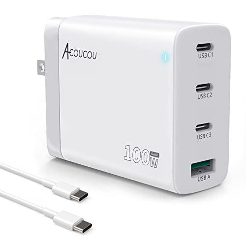 100W Usb C Charger,Gan Charger Iii 4-Port Usb Iphone Wall Charger Fast Charging Block Compatible With Macbook Pro/Air Usb-C Laptop Iphone 14/13 Ipad Pro Galaxy Etc(5Ft Type C Cable) (White) #TOP3
