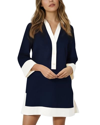 Image of Kedera Women Button Shirt Dress V Neck Short Sleeves Summer Casual Work Shift Tunic Dress with Pockets