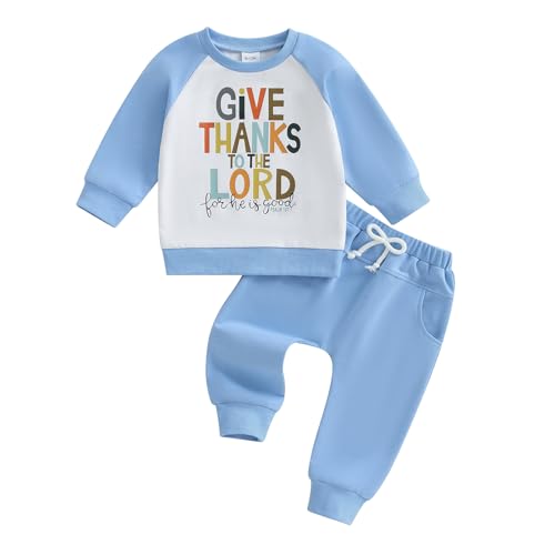 Baby Boy Fall Clothes Toddler Thanksgiving Outfit Letter Color Block Long Sleeve Sweatshirt + Joggers Pant Set