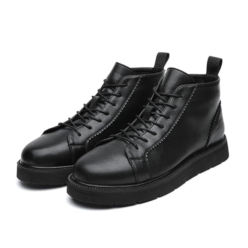 Zeberfi Men's Platform Black Leather Fleece-Lined Chukka Boots Fashion Winter Warm Lace Up Round Toe High Top Casual Sneakers Comfort Waterproof Non-slip Formal Business Work Ankle Boots
