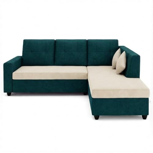 Image of FURNY Nathan 4 Seater L Shape Sofa Set RHS (Green Teal-Cream) | Suede Velvet Finish | Durable Comfort Sofa for Modern Living Room & Office Spaces