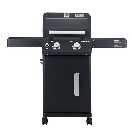 Monument Grills 2-Burner Stainless Steel Liquid Propane Gas Grill, Two Foldable Shelves Patio Garden Barbecue Grill with ClearviewÂ® Lid, Knob Control Mesa220, Black