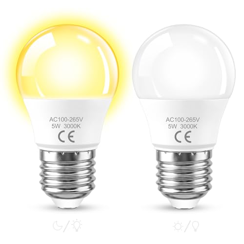 SCNNC G45 Bombilla LED con Sensor Crepuscular E27 5W Blanco Cálido 3000K, Encendido Apagado Automático, Bombilla LED Sensor Crepuscular E27 Exterior para Pasillo Jardín Porche Terraza, 2 Piezas