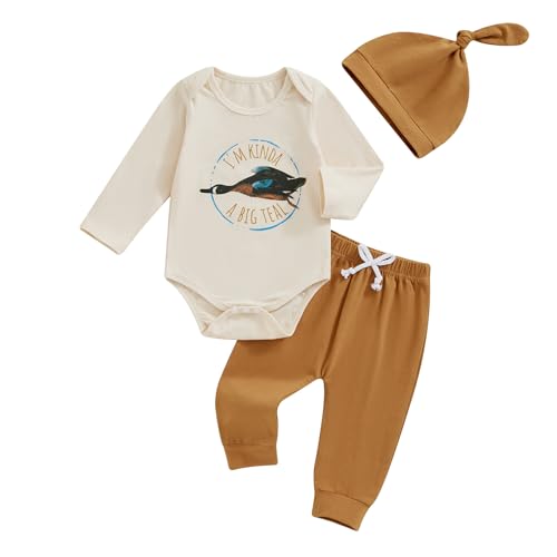 Image of Chloefairy Newborn Baby Boy Fall Clothes Mallard Duck Hunting I'm Kinda A Big Teal Romper Pants Set Hat 3Pcs Duck Outfit