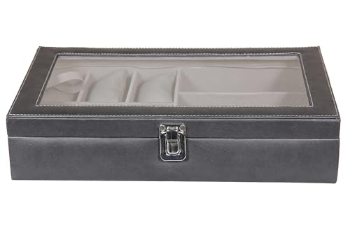 Image of Sukeshcraft 6 Slot Watch Organizer Case with Lock - Premium Black PU Leather Watch Box for Men - Sunglass Storage Compartment (Black Pu - Grey Velvet)