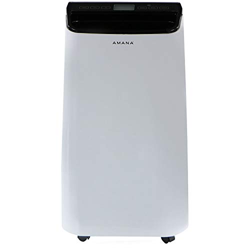 Amana 10,000 BTU Portable Air Conditioner for Living Room, Bedroom, Basement, Kitchen, 115V, Cools up to 350 Sq.Ft. with Remote, 24H Timer, 3-Speed, LCD Display, Auto-Restart, Wheels, White/Black