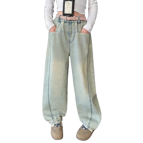 Girls Casual Wide Leg High Rise Denim Pants Y2K Elastic Waist Baggy Vintage Jeans for Teen Girls Streetwear
