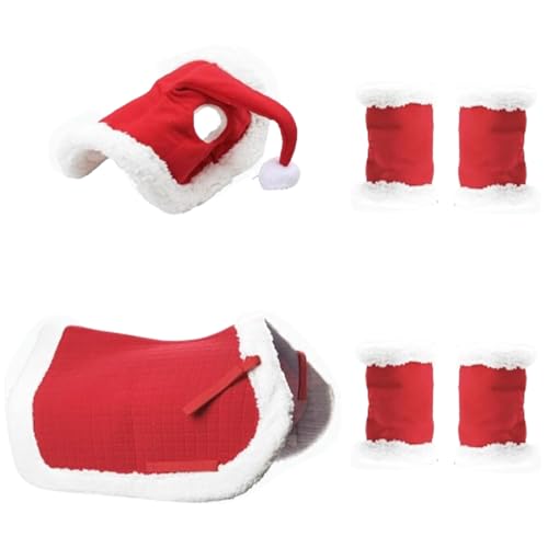 Generisch Disfraz festivo de caballo – Manta de silla de Navidad con gorro de Papá Noel y polainas, accesorios de equitación de felpa | Divertido atuendo de equitación para desfiles de caballos